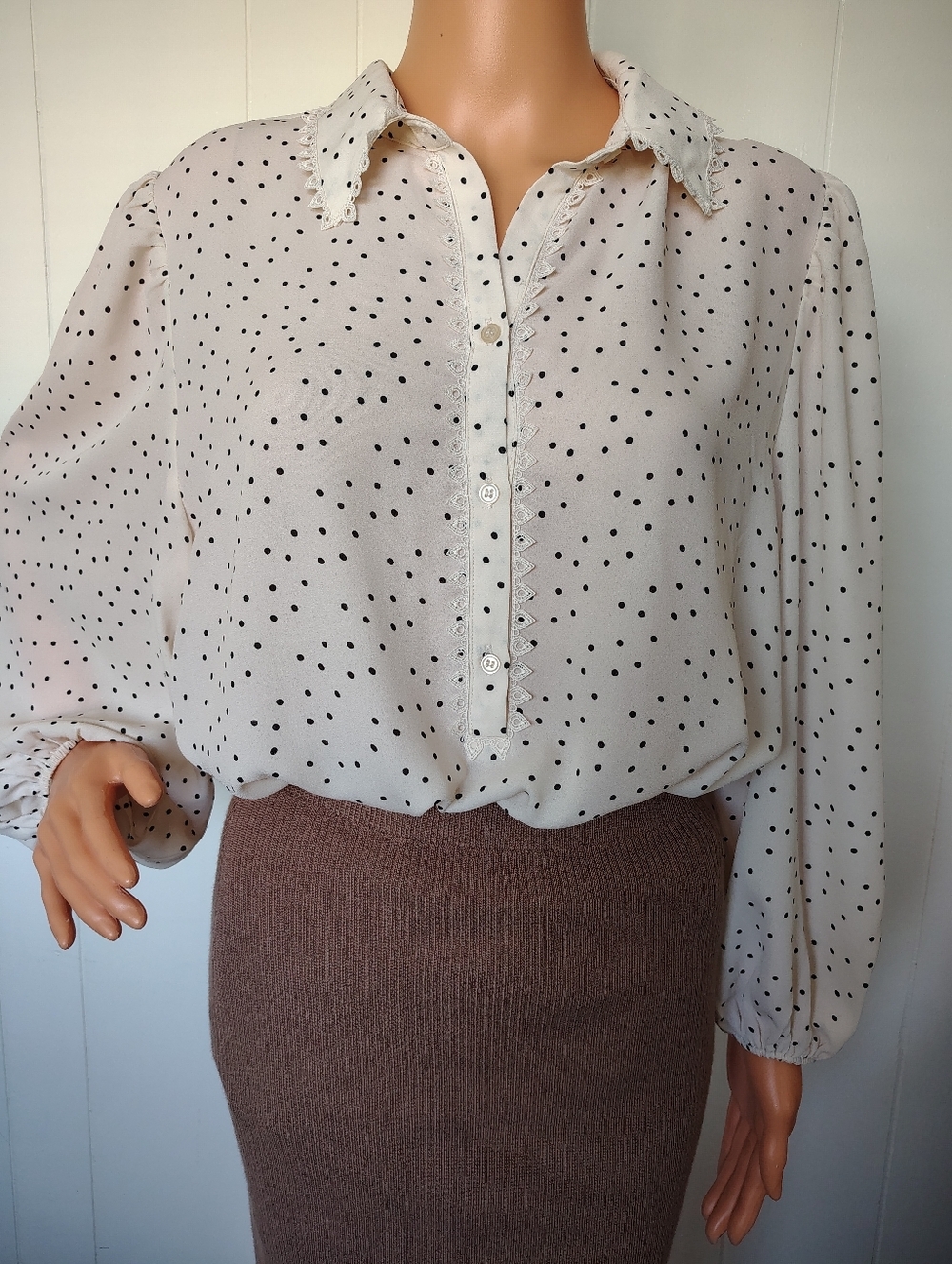 Max Studio Polka Dot Lace-Trim Blouse in Cream And Black Size XL